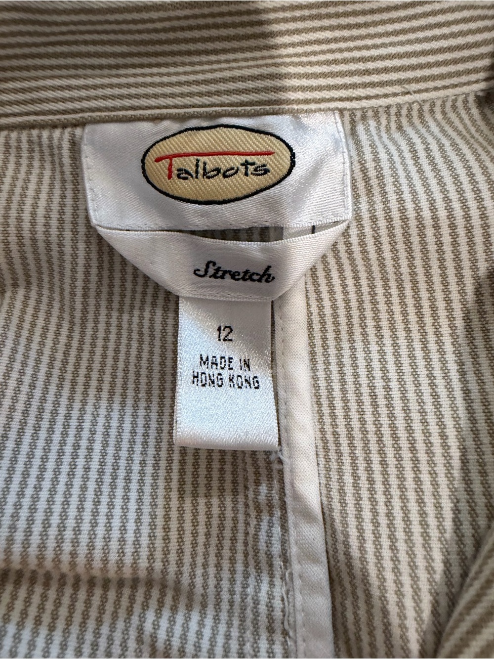 Talbots Stretch Pinstripe Blazer Jacket Tan White Cotton Women's 12 Two Button - Picture 7 of 8